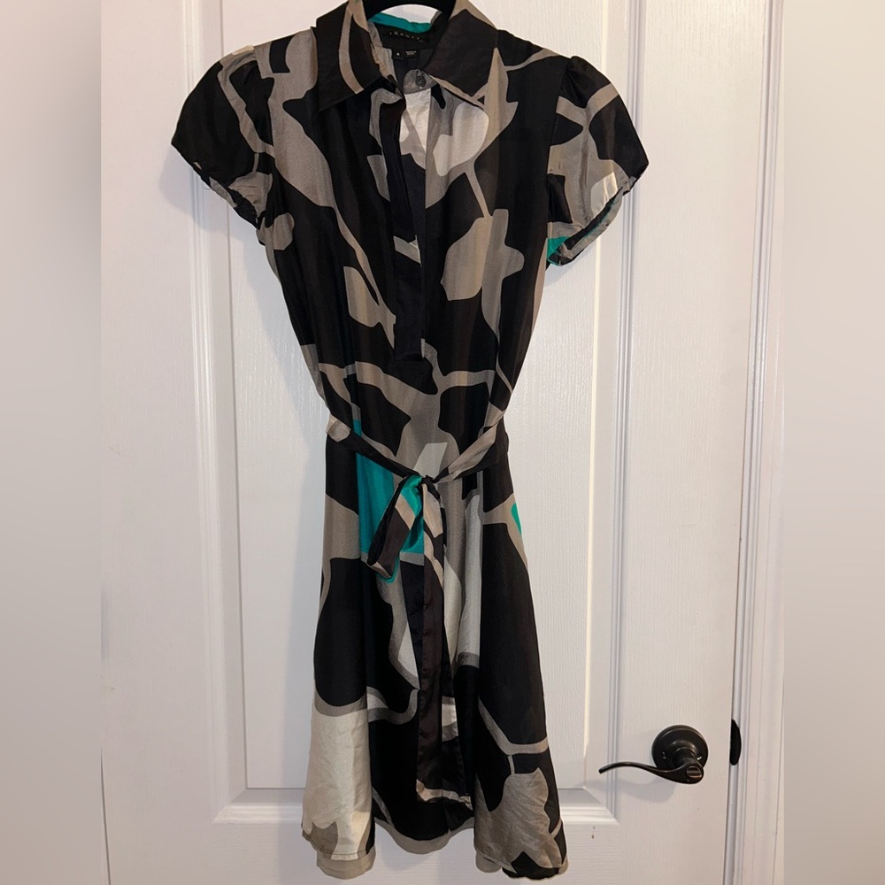 Theory Black, Taupe & Teal Abstract Tie-Waist Midi Silk Dress